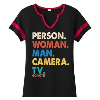 Person Woman Man Camera TV Go Vote Ladies Halftime Notch Neck Tee