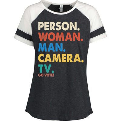 Person Woman Man Camera TV Go Vote Enza Ladies Jersey Colorblock Tee