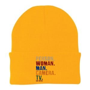 Person Woman Man Camera TV Go Vote Distressed Knit Cap Winter Beanie