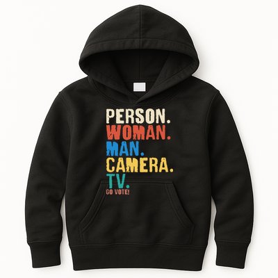 Person Woman Man Camera TV Go Vote Distressed Kids Hoodie