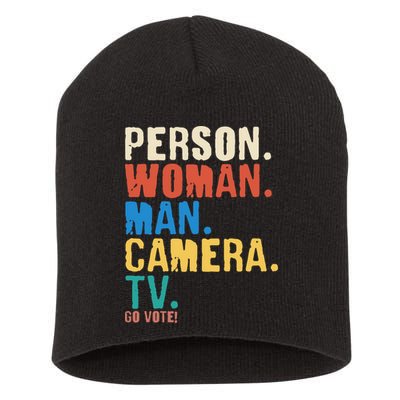 Person Woman Man Camera TV Go Vote Distressed Short Acrylic Beanie