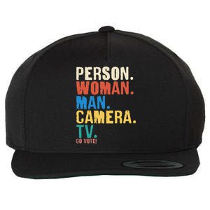 Person Woman Man Camera TV Go Vote Distressed Wool Snapback Cap