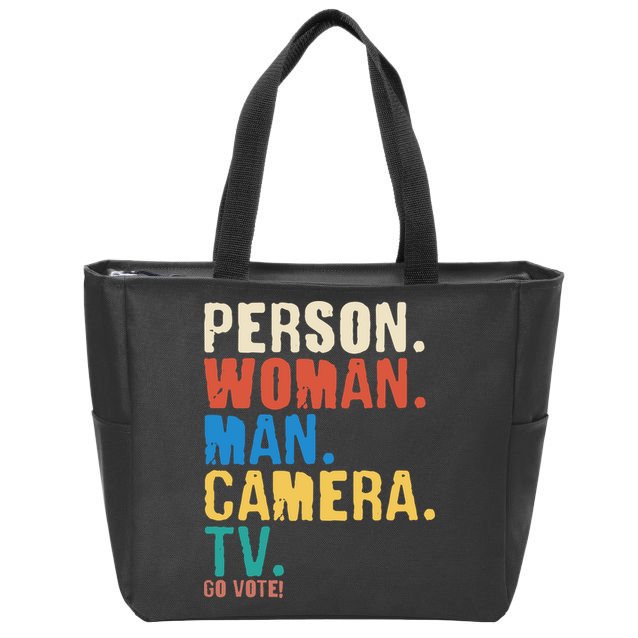 Person Woman Man Camera TV Go Vote Distressed Zip Tote Bag