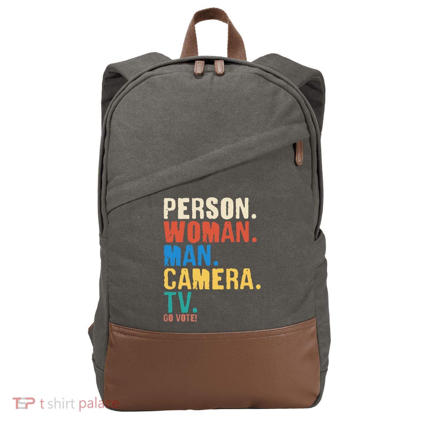 Person Woman Man Camera TV Go Vote Distressed Cotton Canvas Backpack