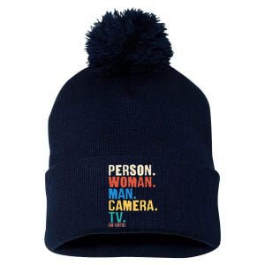 Person Woman Man Camera TV Go Vote Distressed Pom Pom 12in Knit Beanie