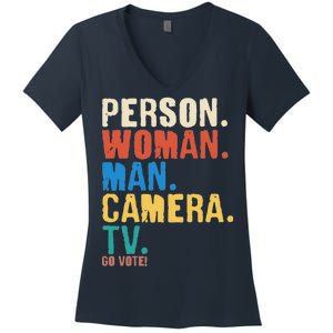 Person Woman Man Camera TV Go Vote Distressed Women's V-Neck T-Shirt