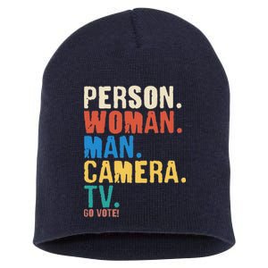 Person Woman Man Camera TV Go Vote Distressed Short Acrylic Beanie