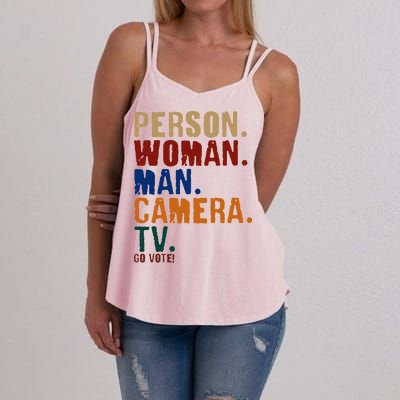 Person Woman Man Camera TV Go Vote Distressed Women's Strappy Tank