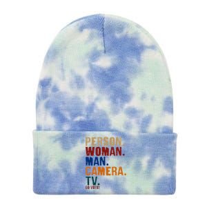 Person Woman Man Camera TV Go Vote Distressed Tie Dye 12in Knit Beanie