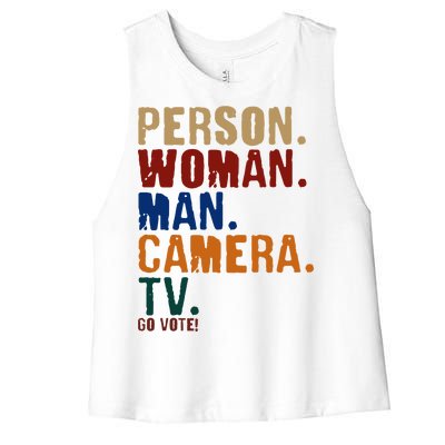 Person Woman Man Camera TV Go Vote Distressed Women's Racerback Cropped Tank