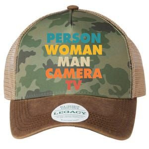 Person Woman Man Camera TV Trump Cognitive Test Legacy Tie Dye Trucker Hat