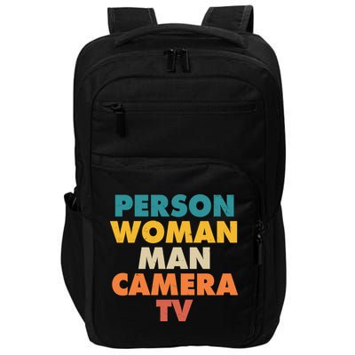 Person Woman Man Camera TV Trump Cognitive Test Impact Tech Backpack