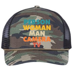 Person Woman Man Camera TV Trump Cognitive Test Retro Rope Trucker Hat Cap