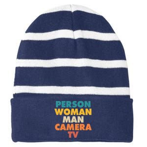 Person Woman Man Camera TV Trump Cognitive Test Striped Beanie with Solid Band