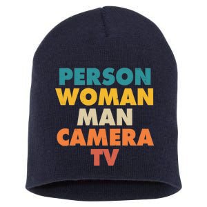 Person Woman Man Camera TV Trump Cognitive Test Short Acrylic Beanie