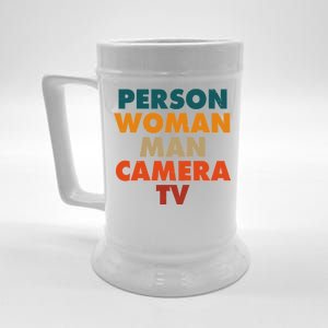 Person Woman Man Camera TV Trump Cognitive Test Beer Stein