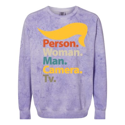 Person Woman Man Camera TV Trump Hair Colorblast Crewneck Sweatshirt