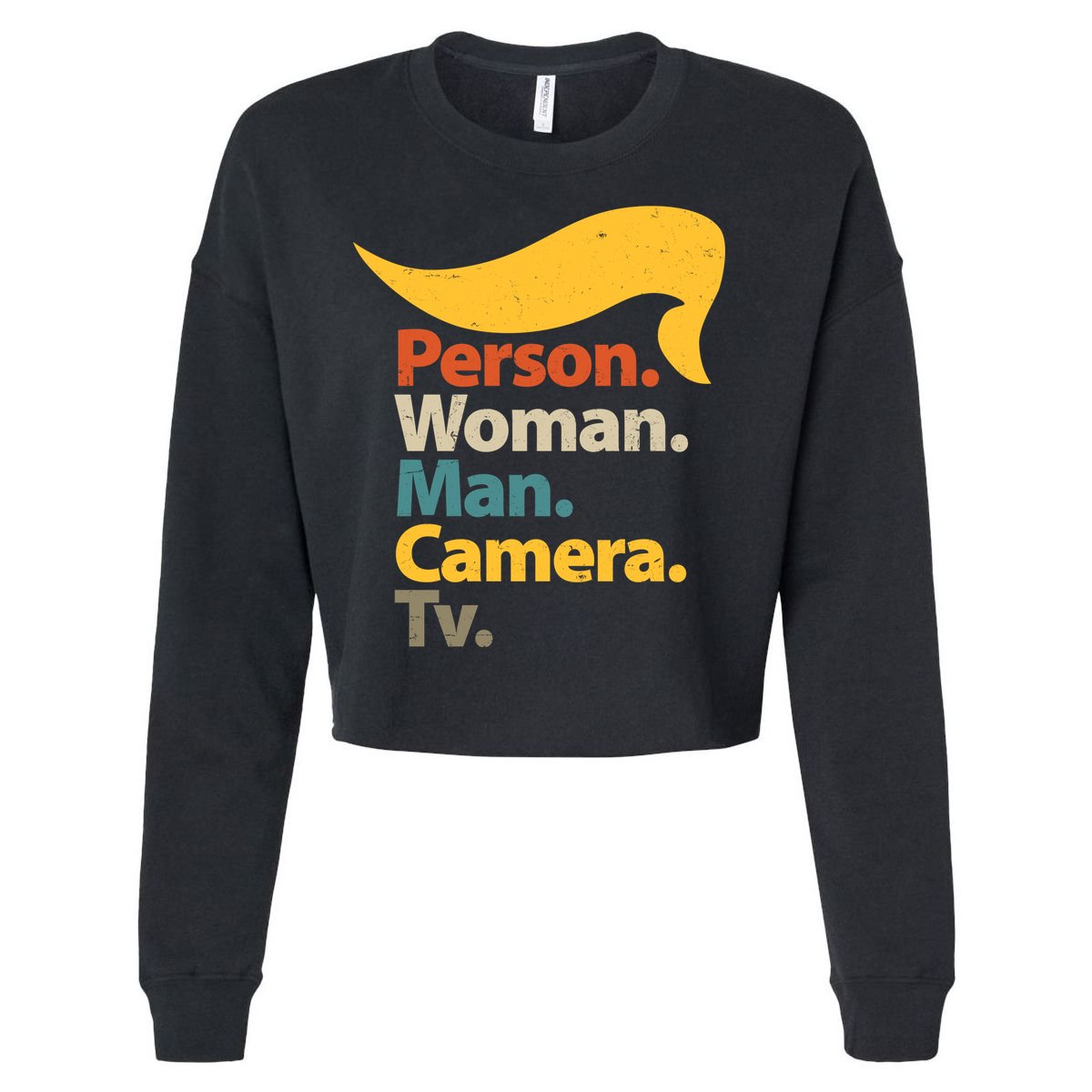 Person Woman Man Camera TV Trump Hair Cropped Pullover Crew