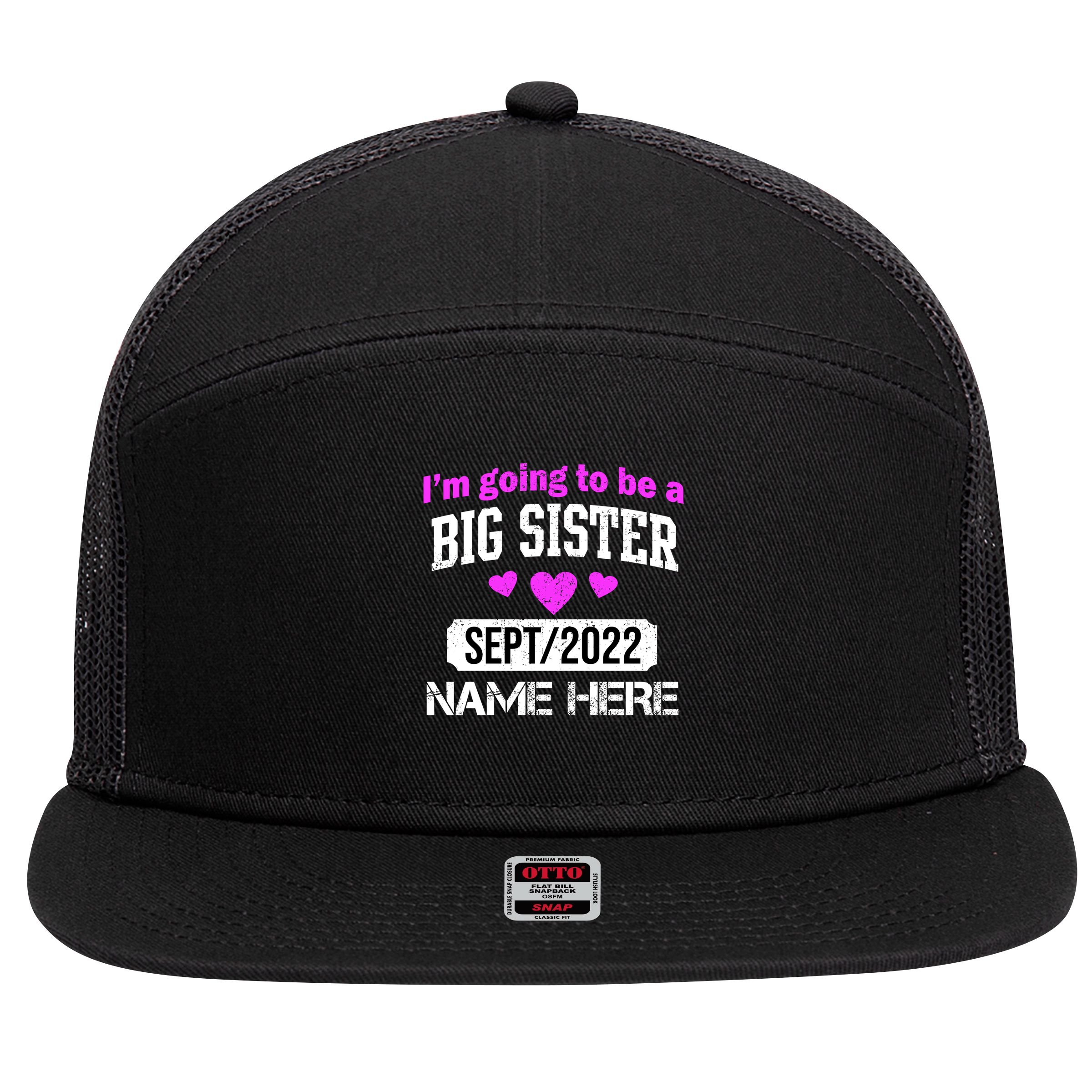 Personalize Big Sister Est Custom Year And Name  7 Panel Mesh Trucker Snapback Hat