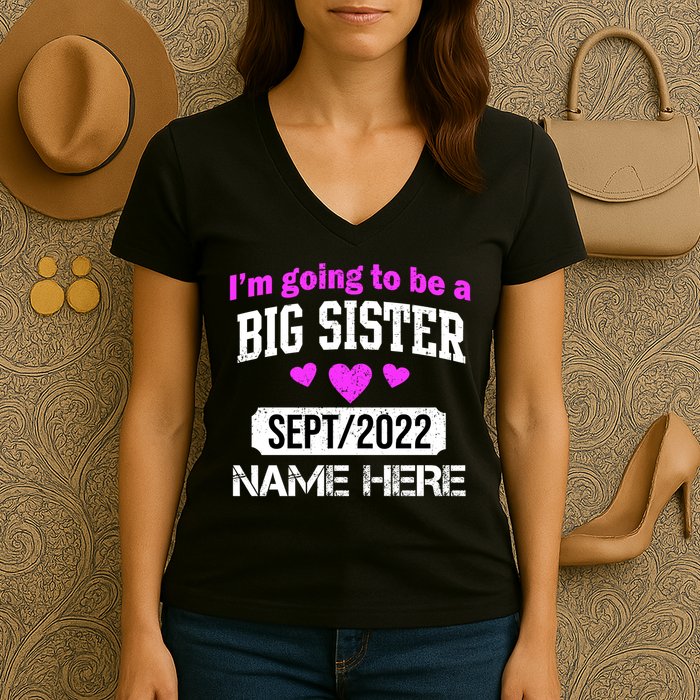 Personalize Big Sister Est Custom Year And Name  Women's V-Neck T-Shirt