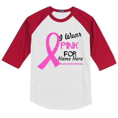 Personalize I Wear Pink For My Custom Breast Cancer Kids Colorblock Raglan Jersey