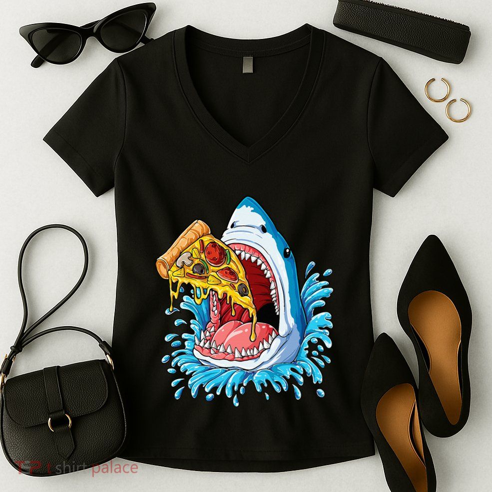 Pizza Eating Shark Food Lovers Jawsome Women's V-Neck T-Shirt