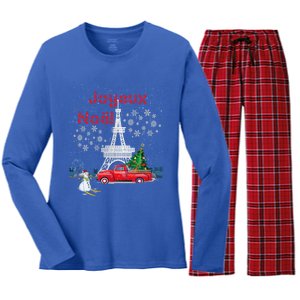 Paris Eiffel Tower Christmas Tree Red Truck Joyeux Noël Gift Women's Long Sleeve Flannel Pajama Set 