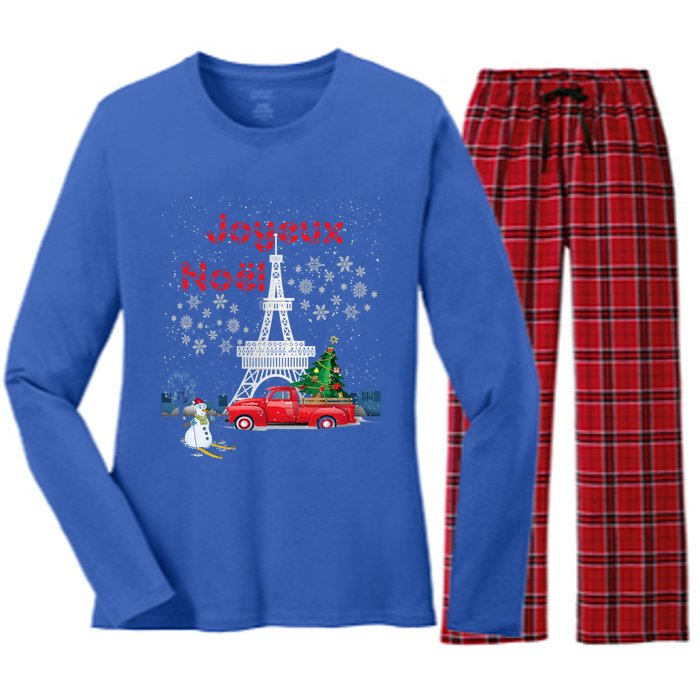 Paris Eiffel Tower Christmas Tree Red Truck Joyeux Noël Gift Women's Long Sleeve Flannel Pajama Set 