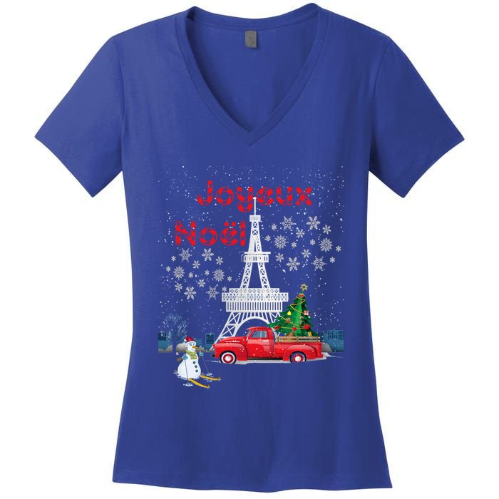 Paris Eiffel Tower Christmas Tree Red Truck Joyeux Noël Gift Women's V-Neck T-Shirt