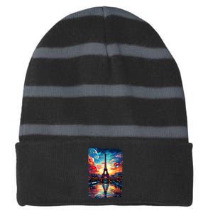 Paris Eiffel Tower I Love Paris Souvenir France Striped Beanie with Solid Band