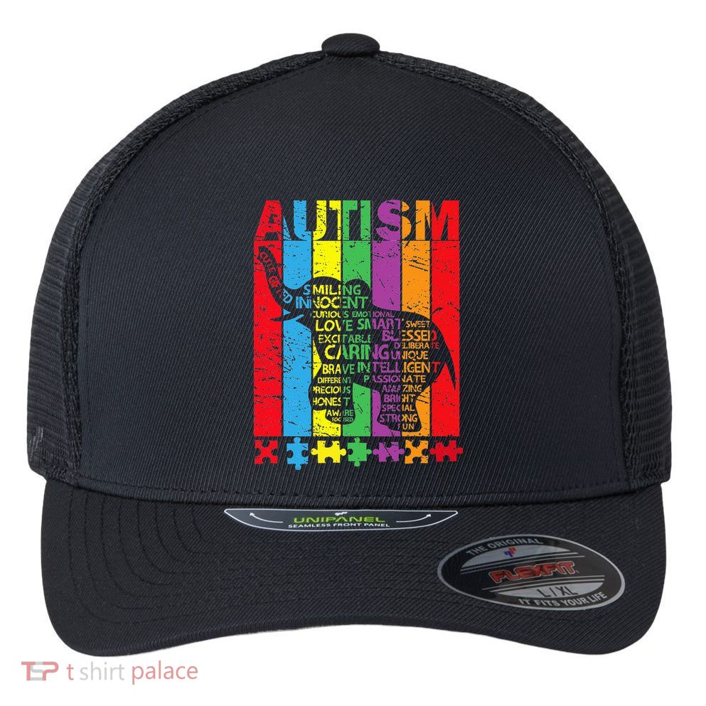 Puzzle Elephant Typography Cool Autism Awareness Gift Flexfit Unipanel Trucker Cap