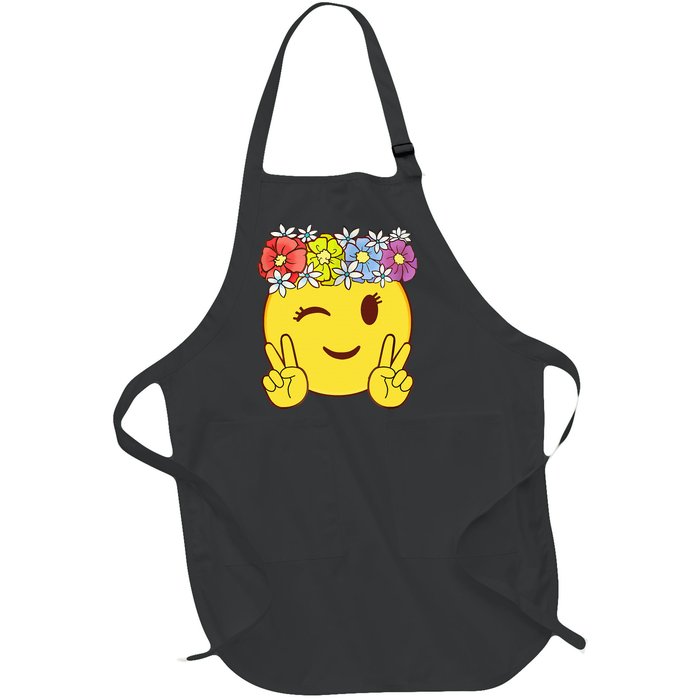 Peace Emoticon Winking Flower Crown Full-Length Apron With Pockets