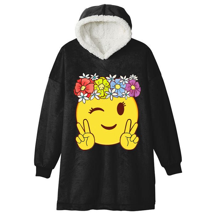 Peace Emoticon Winking Flower Crown Hooded Wearable Blanket