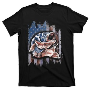 Patriotic Fishing 4th of July  Amercian Flag Bass Fishing T-Shirt