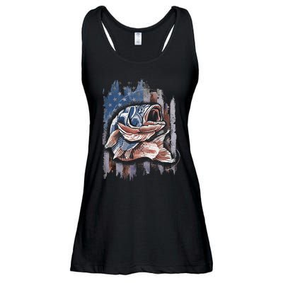 Patriotic Fishing 4th of July  Amercian Flag Bass Fishing Ladies Essential Flowy Tank