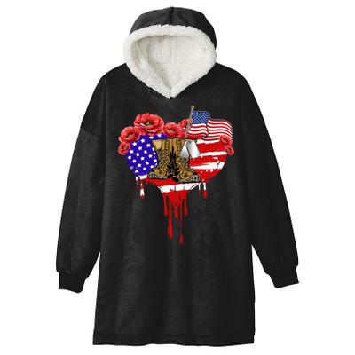 Poppy Flower American Usa Flag Combat Boots Veteran Day Gift Hooded Wearable Blanket