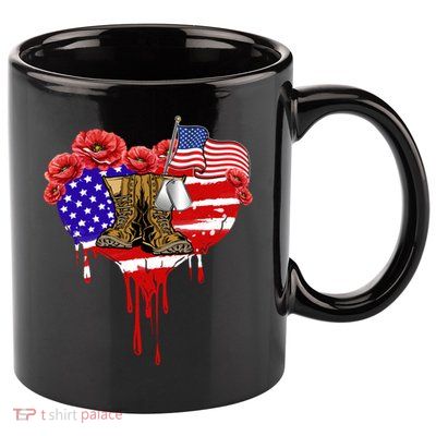 Poppy Flower American Usa Flag Combat Boots Veteran Day Gift 11oz C Handle Ceramic Mug