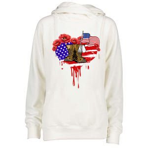 Poppy Flower American Usa Flag Combat Boots Veteran Day Gift Womens Funnel Neck Pullover Hood