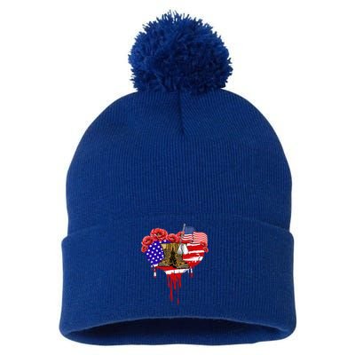 Poppy Flower American Usa Flag Combat Boots Veteran Day Gift Pom Pom 12in Knit Beanie