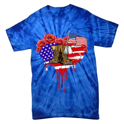 Poppy Flower American Usa Flag Combat Boots Veteran Day Gift Tie-Dye T-Shirt