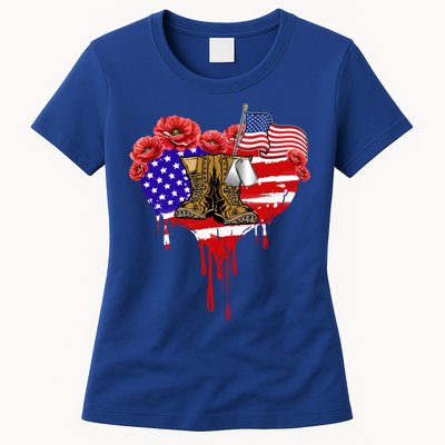 Poppy Flower American Usa Flag Combat Boots Veteran Day Gift Womens T-Shirt