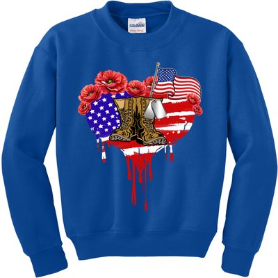 Poppy Flower American Usa Flag Combat Boots Veteran Day Gift Kids Sweatshirt
