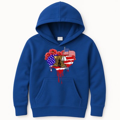 Poppy Flower American Usa Flag Combat Boots Veteran Day Gift Kids Hoodie