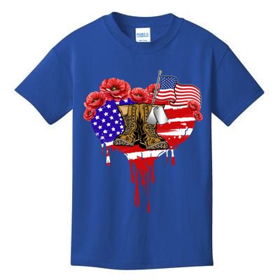 Poppy Flower American Usa Flag Combat Boots Veteran Day Gift Kids T-Shirt