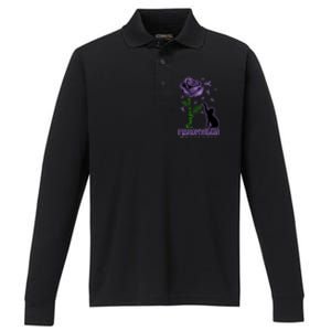 Paws For A Cure Fibromyalgia Awareness Day Black Cat And Rose Gift Performance Long Sleeve Polo