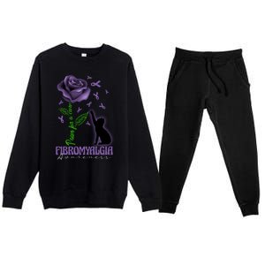 Paws For A Cure Fibromyalgia Awareness Day Black Cat And Rose Gift Premium Crewneck Sweatsuit Set