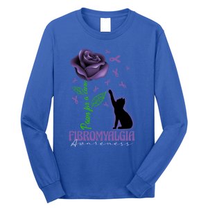 Paws For A Cure Fibromyalgia Awareness Day Black Cat And Rose Gift Long Sleeve Shirt