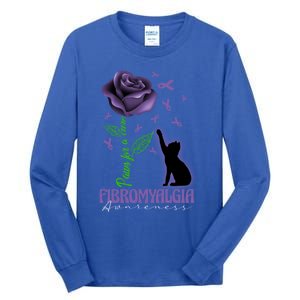 Paws For A Cure Fibromyalgia Awareness Day Black Cat And Rose Gift Tall Long Sleeve T-Shirt