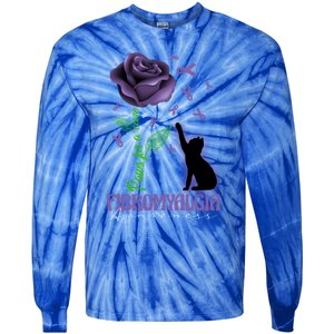 Paws For A Cure Fibromyalgia Awareness Day Black Cat And Rose Gift Tie-Dye Long Sleeve Shirt