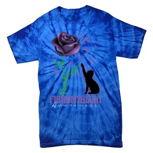 Paws For A Cure Fibromyalgia Awareness Day Black Cat And Rose Gift Tie-Dye T-Shirt